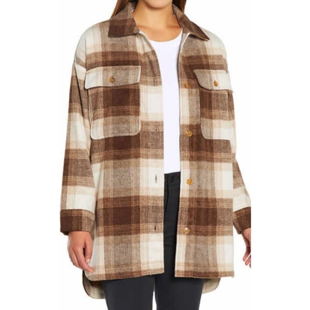 Banana Republic Women's Long Sleeve Brown Plaid Wool Blend Shacket With Pockets